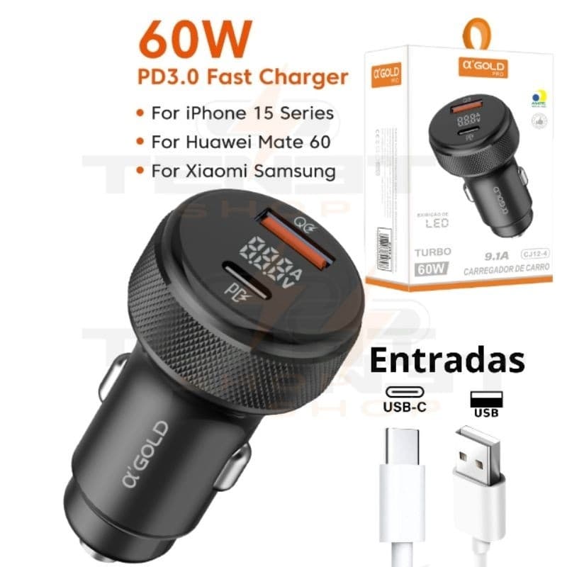 Carregador 60W Veicular Tipo C e USB Led Fonte Turbo Carro Automotivo Original