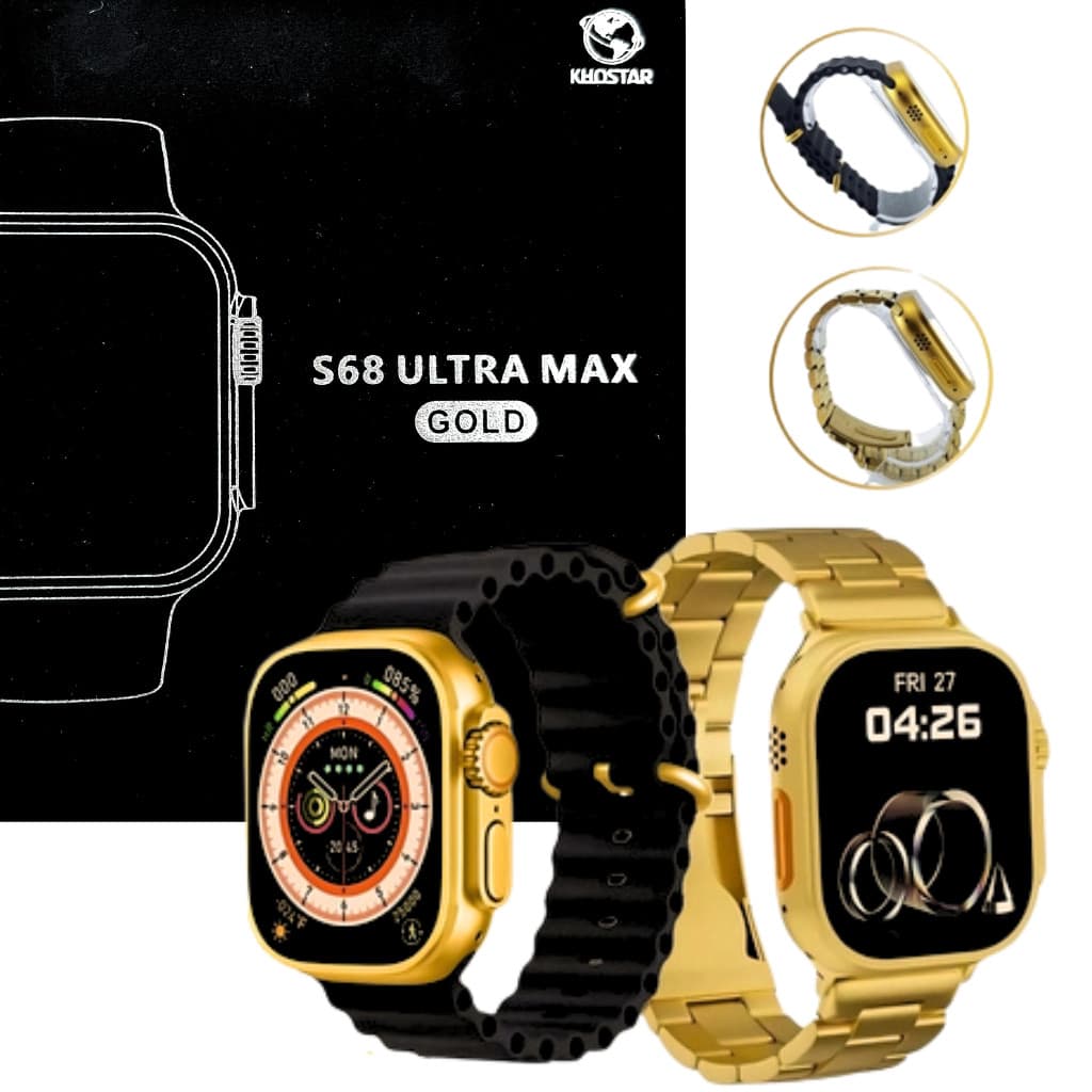 Relógio Smartwatch S68 ULTRA MAX GOLD - 2 Pulseiras - Série 8 Watch 8 Relogio Masculino
