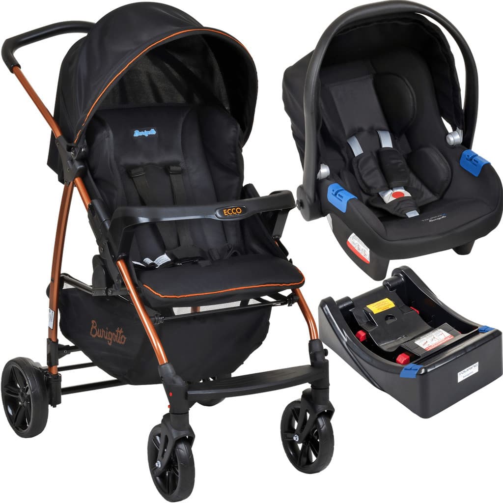 Conjunto Carrinho Ecco Preto Cobre com Bebê Conforto Touring e Base para Auto - Burigotto