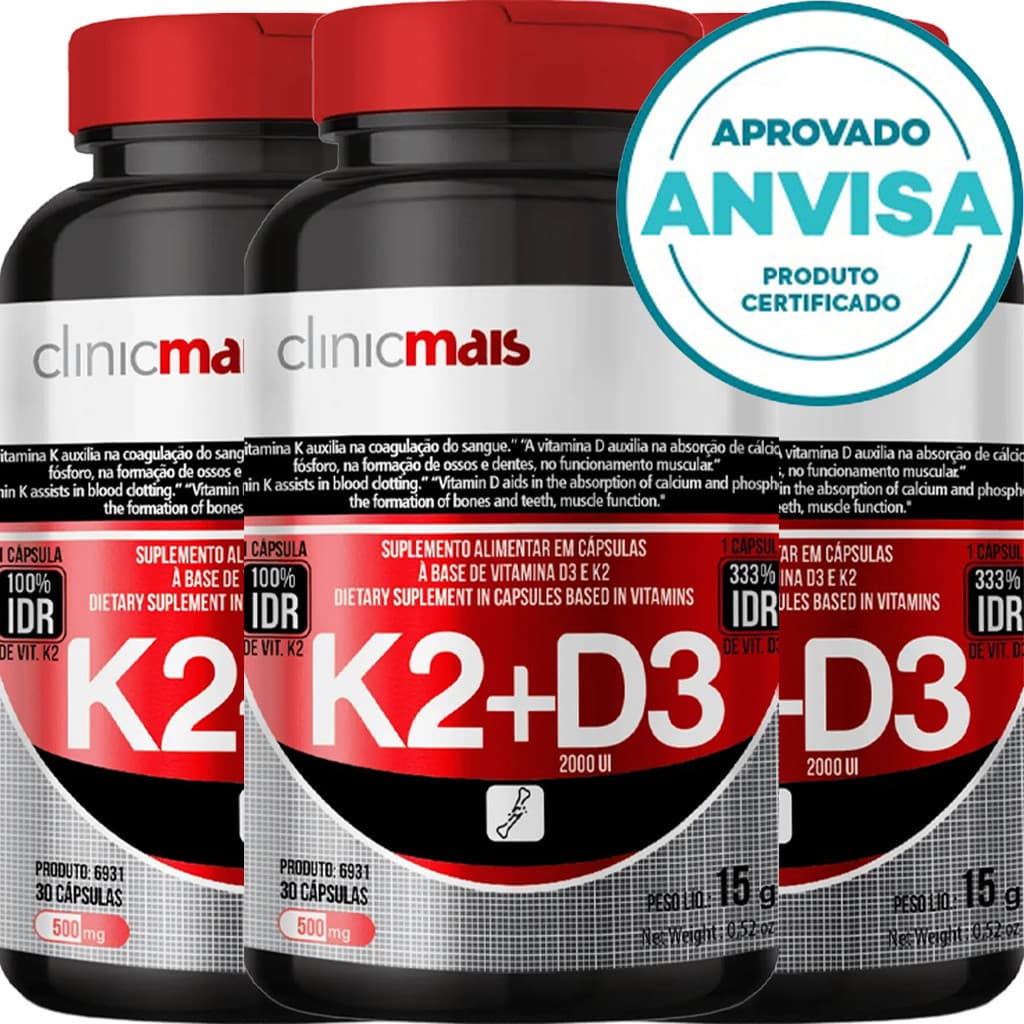KIT 3x Vitamina K2 + Vitamina D3 - 30 Cápsulas 500mg - Clinicmais