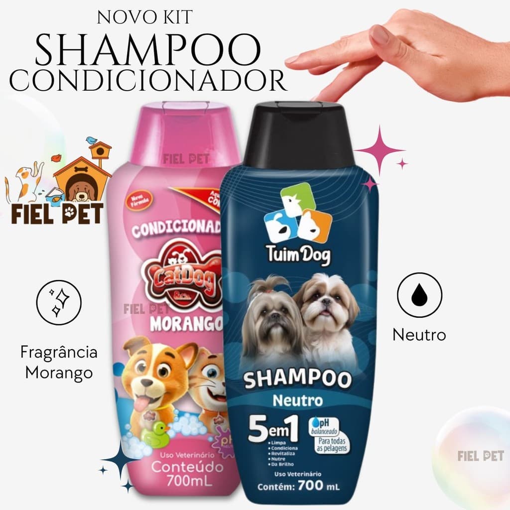 Shampoo para Cachorro Neutro Shih Tzu - Lhasa 700ml + Condicionador Cat Dog Morango 700ml Kit Pet Cães
