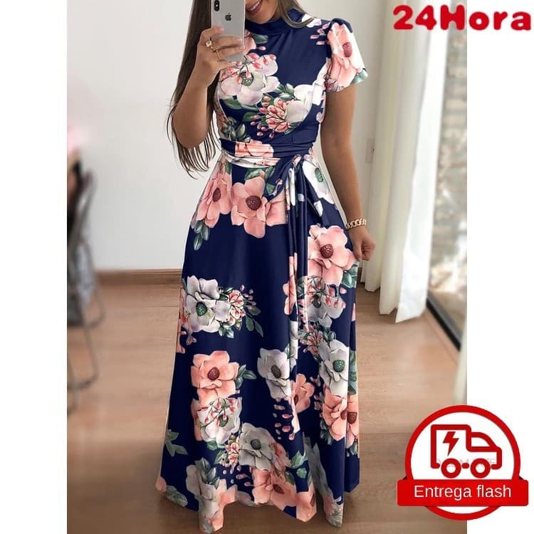 Vestido de Manga Curta e Longa Feminino Vestido de Manga com Flores Impressão Vestido de Manga Curta e Grande Swing