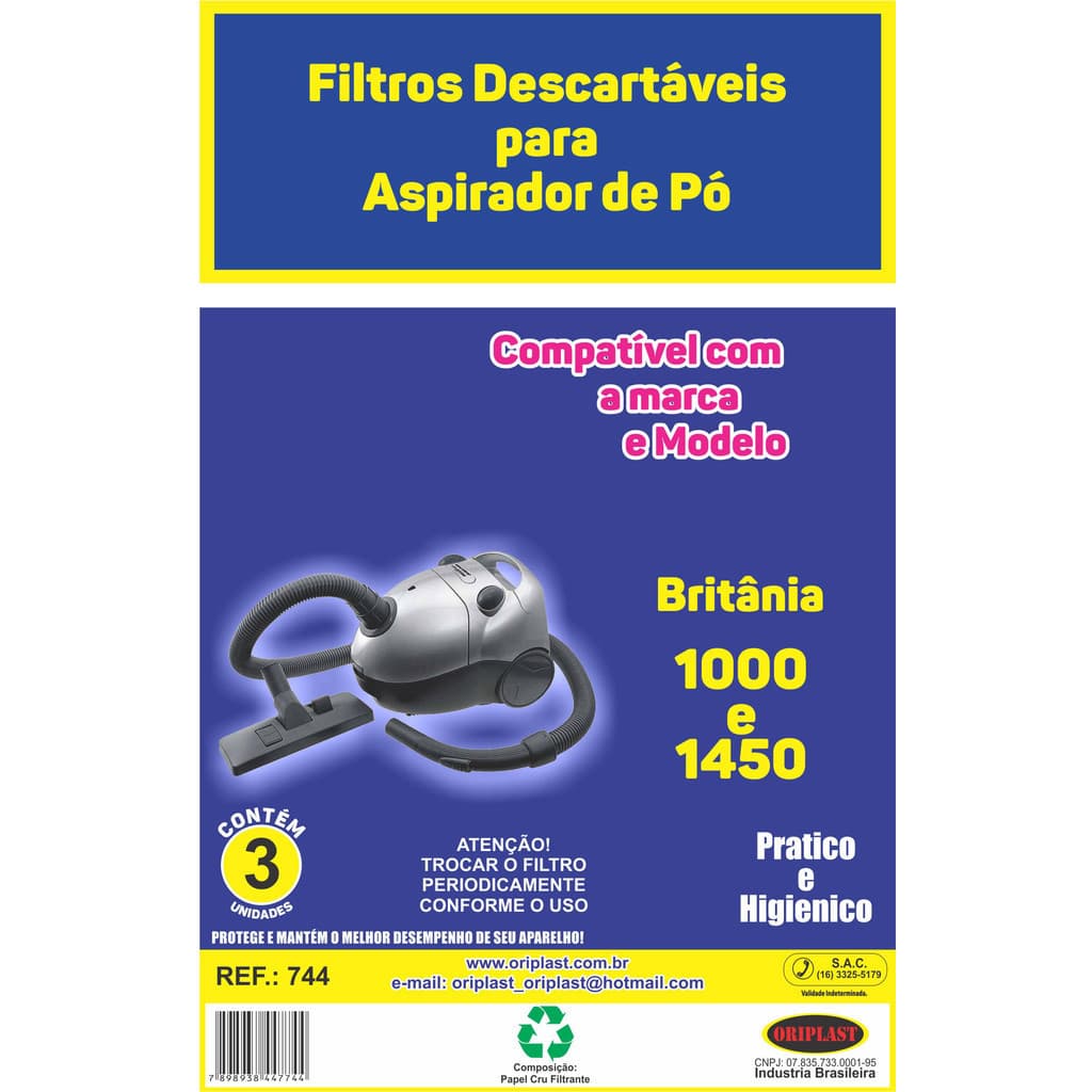 Kit C/3 Filtro Saco Coletor de Pó para Aspirador de Pó Britania ASP1000 e 1450