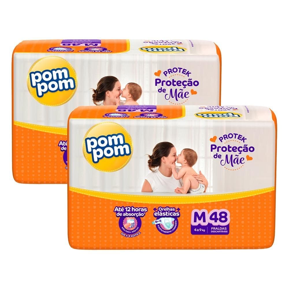 Kit 2 Fraldas Pom Pom Derma Protek Mega M com 48un cada