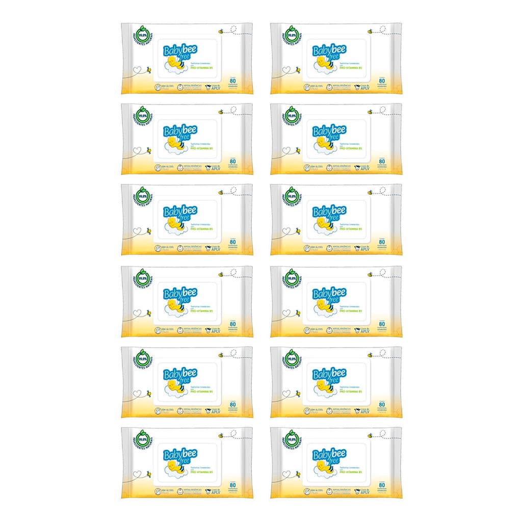 Baby Bee Free Kit 12un Toalha Umedecida Suavidade e Cuidado Diário - 80un Cada Pacote