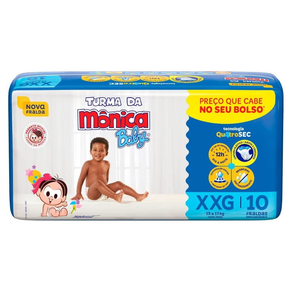 Fraldas Turma da Mônica Baby Jumbinho Tamanho XXG - 3 Pacotes Com 10 Fraldas Descartáveis Cada