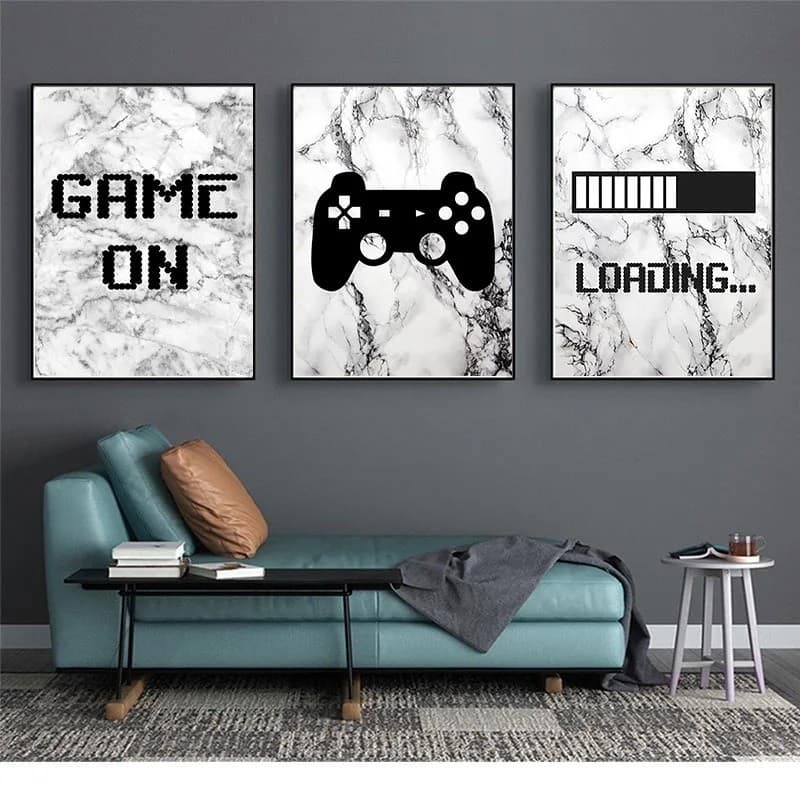 Quadro decorativo 3 peças 40x60 loading game on controle video game mármores