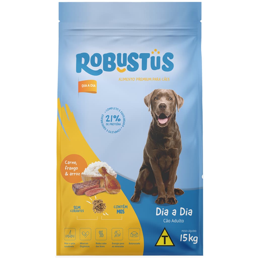 Ração Cachorro Cães Adultos 15kg Robustus Linha Dia A Dia MOS Sem Corante Balanceada 21% Proteína