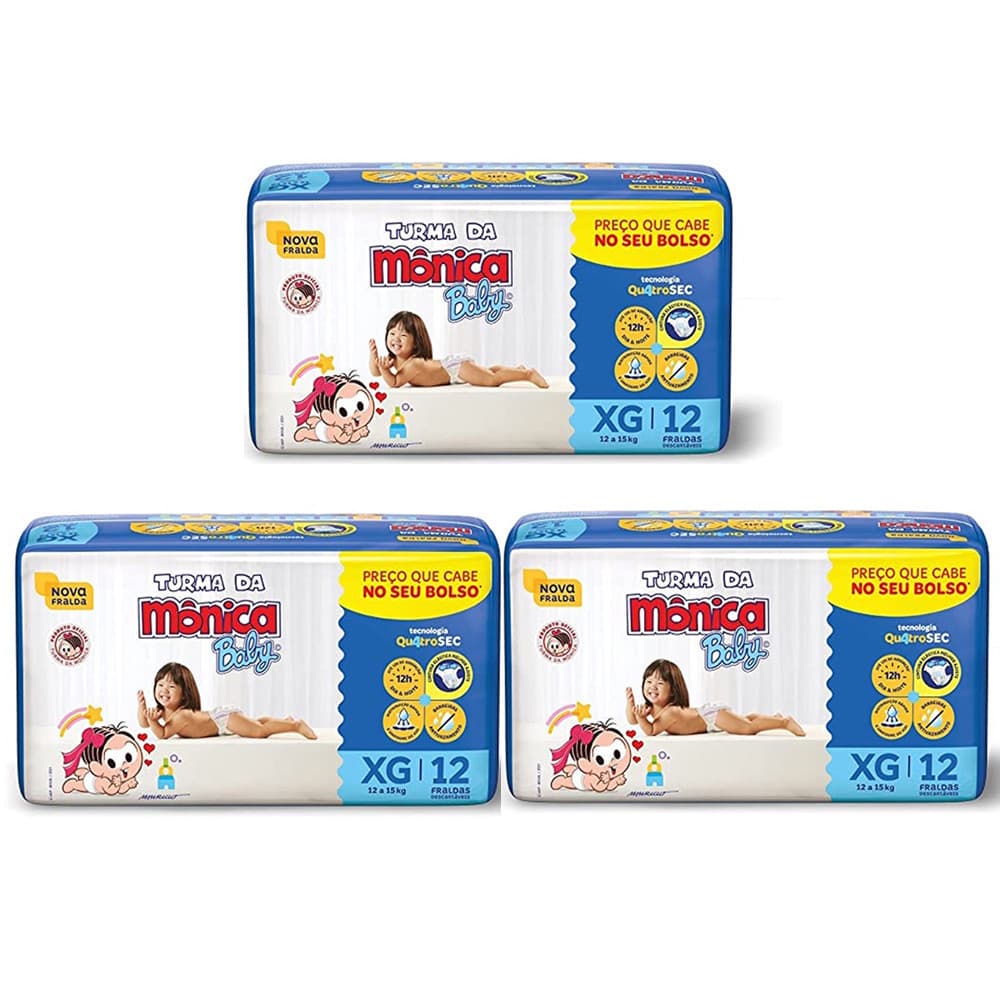 Fraldas Turma da Mônica Baby Jumbinho Tamanho XG - 3 Pacotes Com 12 Fraldas Descartáveis Cada
