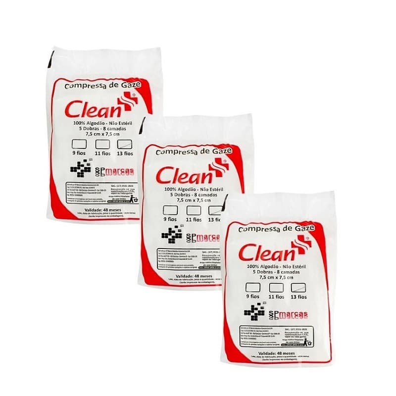 Kit C/3 Pacotes de Compressa de Gaze Clean Não Estéril 7,5x7,5cm 13 Fios 100gramas cada  - Sp Marcas