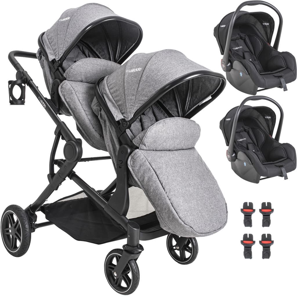 Carrinho de Bebe para Gemeos Kiddo Pair Cinza com 2 Bebe Conforto