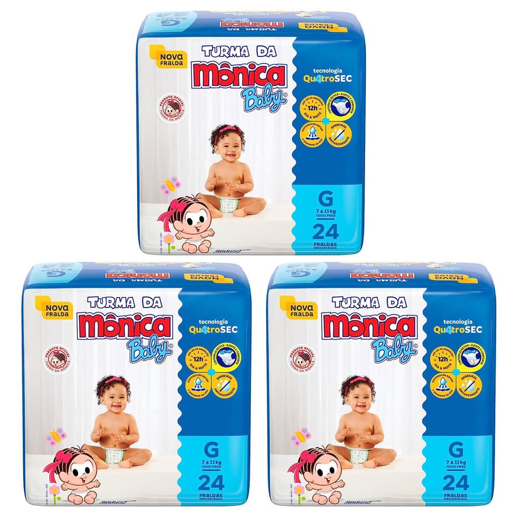 Fralda Turma da Mônica Baby Jumbo Tamanho G - 3 Pacotes com 24 Fraldas Descartáveis cada