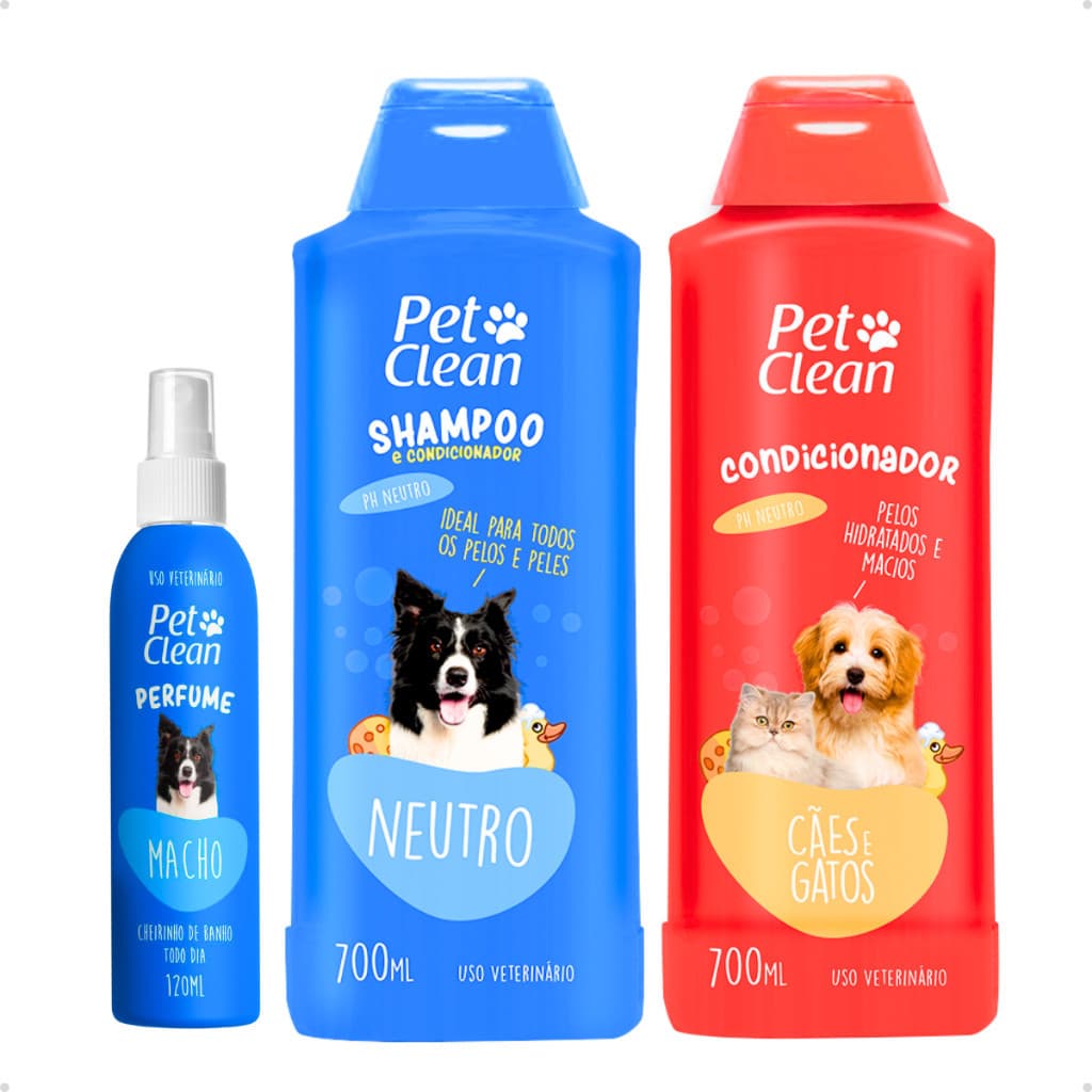 Kit Banho Pet Clean para Cachorro e Gato Shampoo Neutro + Creme Condicionador + Perfume