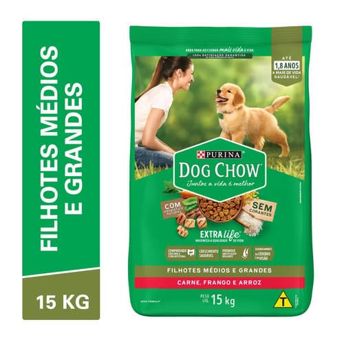 Ração Dog Chow Extra Life Ração Cão Filhote Médio e Grande Sabor Frango e Arroz 15kg Cachorro dog