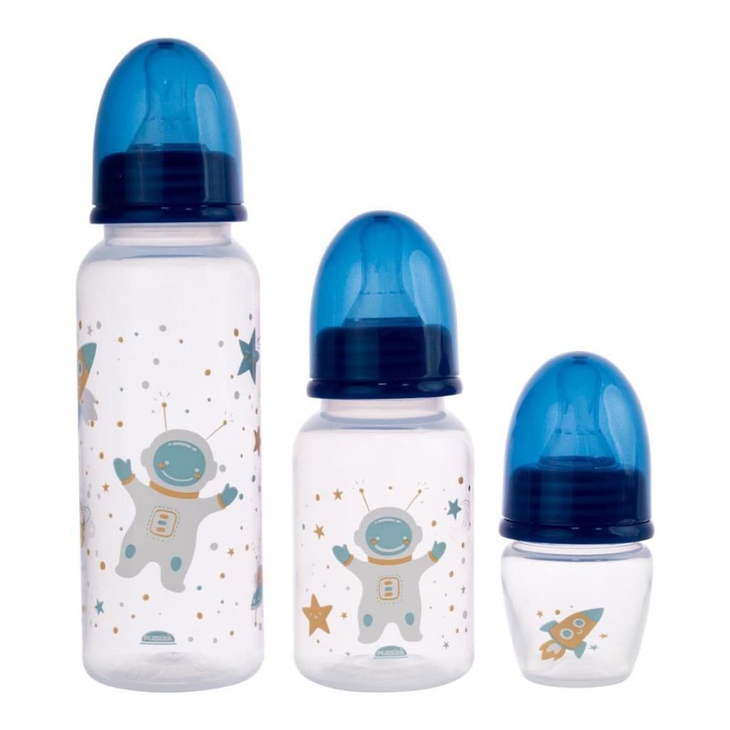 Kit 3 Mamadeiras Meses Fases RN Bebê Criança Azul Sistema Anticólica Silicone Anatômico Astronauta