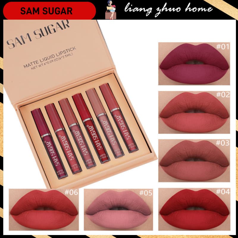 SAM SUGAR 6pcs/Box Velvet Matte Lip Gloss Set À Prova D'água Kit De Batom Líquido De Longa Duraçãomatte Lips Maquiagem Diária Feminina Cosméticos