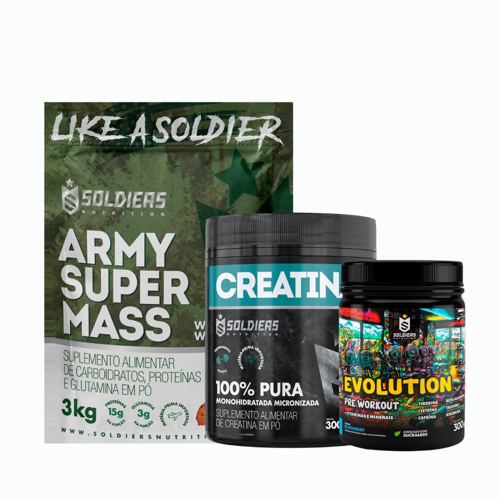 Kit: Hipercalórico Army Super Mass 3kg + Creatina 300g + Pré Treino Evolution Pré Workout 300g Soldiers Nutrition Força