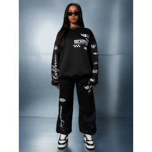 Conjunto de Moletom e Calça de Moletom super estiloso com Punho em Duas Peças,com Estampa Gráfica Supersized tendência