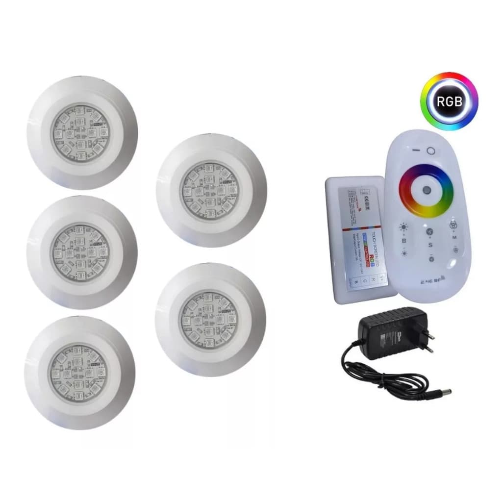 KIT LED ILUMINAÇÃO LUMINARIA DE PISCINA - 5 SUPER LED COLORIDO 9W COM CENTRAL E FONTE 12V
