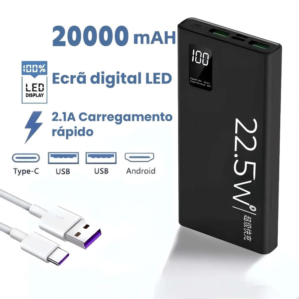 Carregador Portátil Portátil De 20000mAh Carregador Rápido Para Celular De 22W Com Display LED