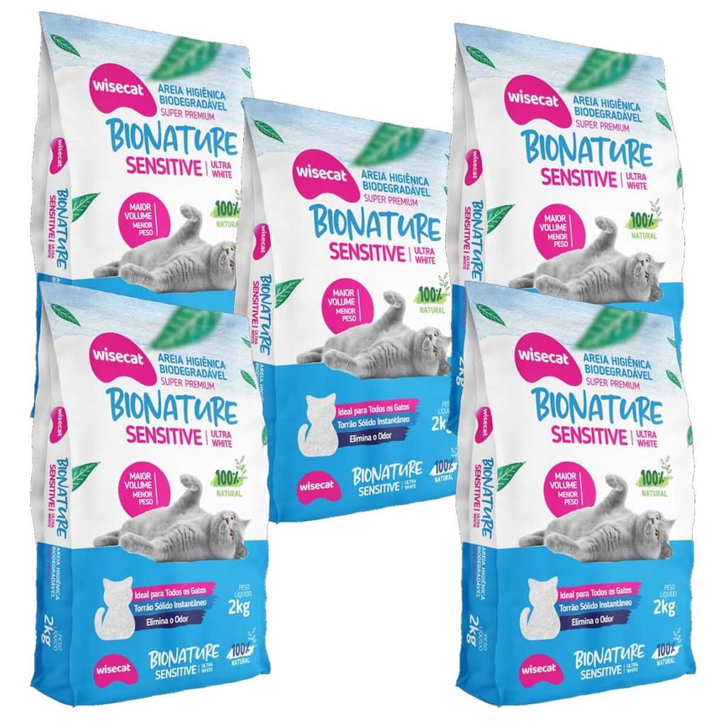 Kit 5 Areia Sanitária Para Gatos Wisecat Bionature Sensitive 2kg