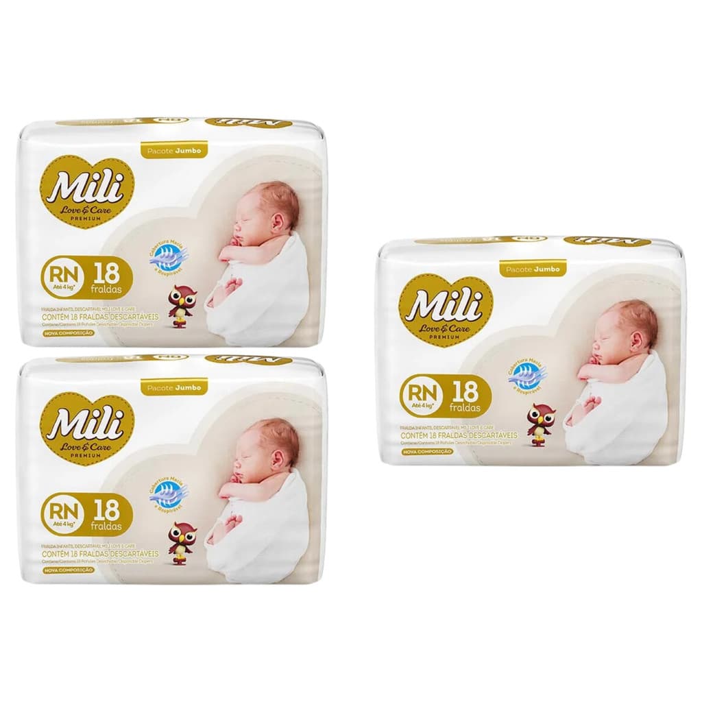 Kit C3 Fralda RN Love & Care Mili Recém Nascido - Mili