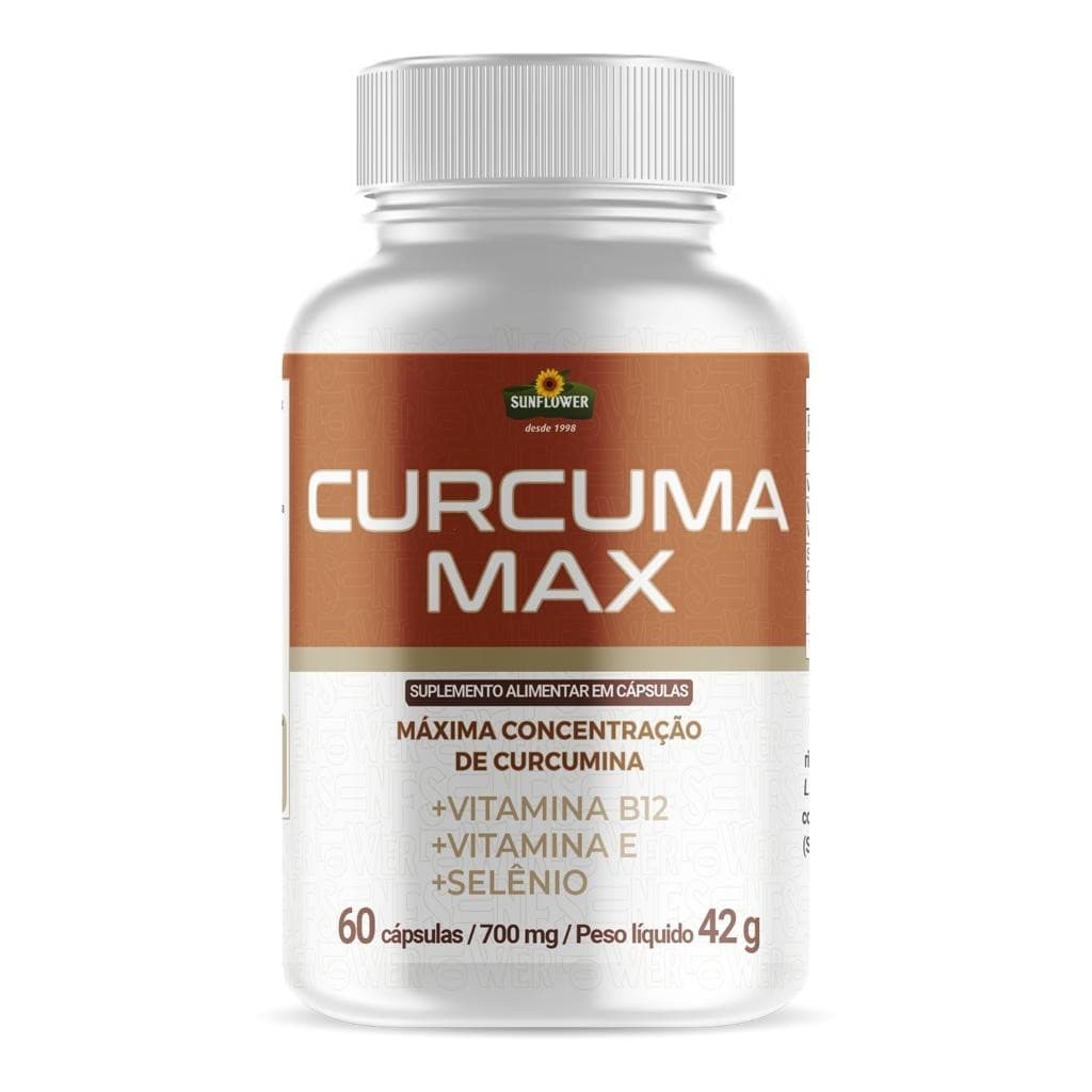 Curcuma + Vitamina B12 + Selênio e Vitamina E - Curcuma 700mg - 95% de curcumoides - 130 mg de curcumina Máxima Concentração de Curcumina - 60 softcaps