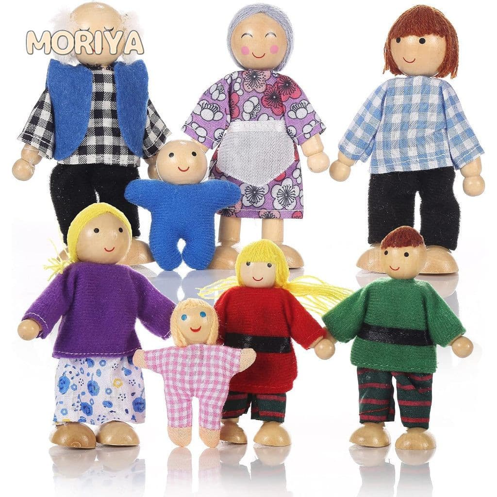 7 Pçs/Conjunto Boneco Articulado De Madeira Para Família/Pais E Filhos