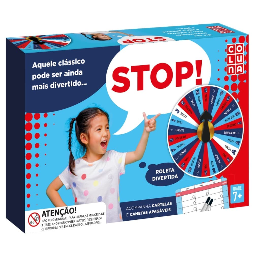 JOGO STOP COLUNA BRINQUEDOS PERGUNTAS RESPOSTAS ROLETA TEMAS FAMÍLIA DIVERSÃO TABULEIRO CARTAS MESA