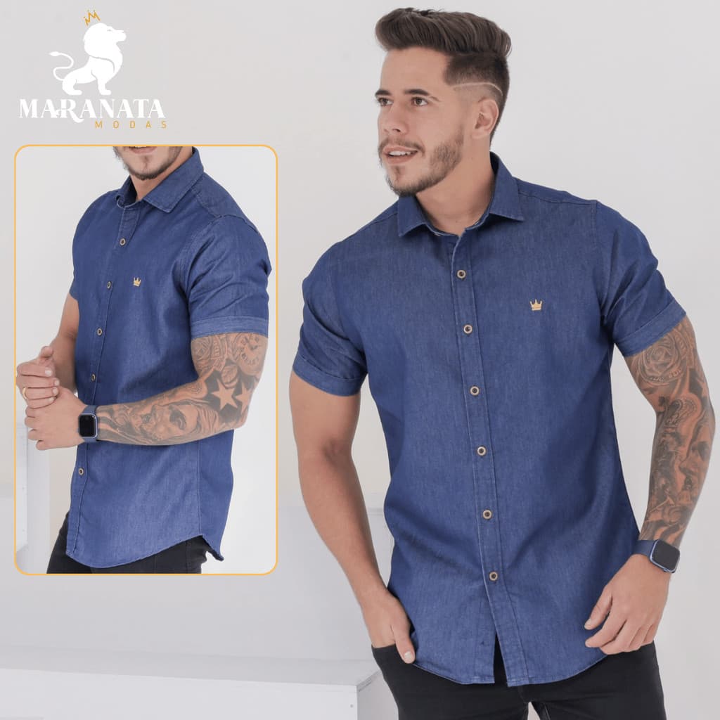 Camisa Masculina Jeans Lisa Azul Social Casual Elegante Slim Fit Manga Curta Botões Luxo