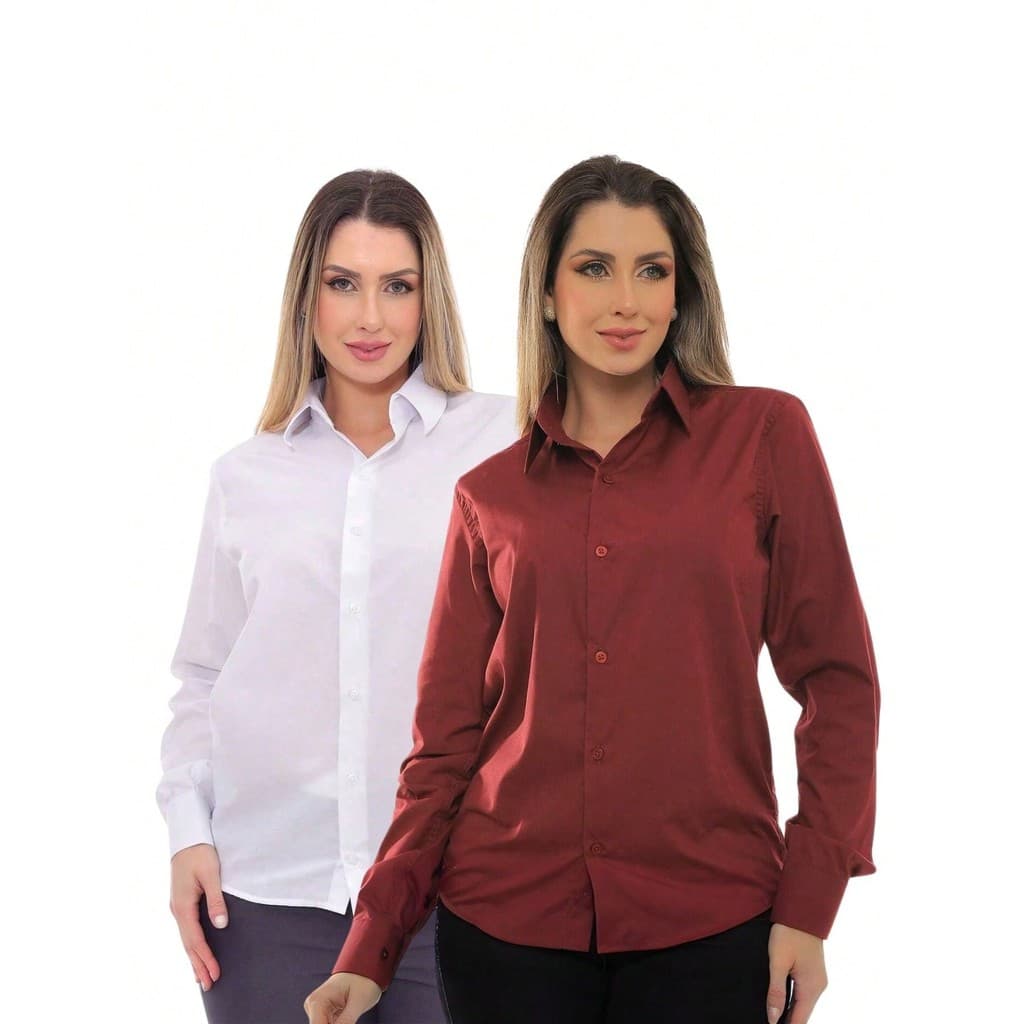 KIT Feminino 2 Peças - Camisa Social Manga Longa Slim Lisa Branco e Camisa Social Manga Longa Slim Lisa Bordô