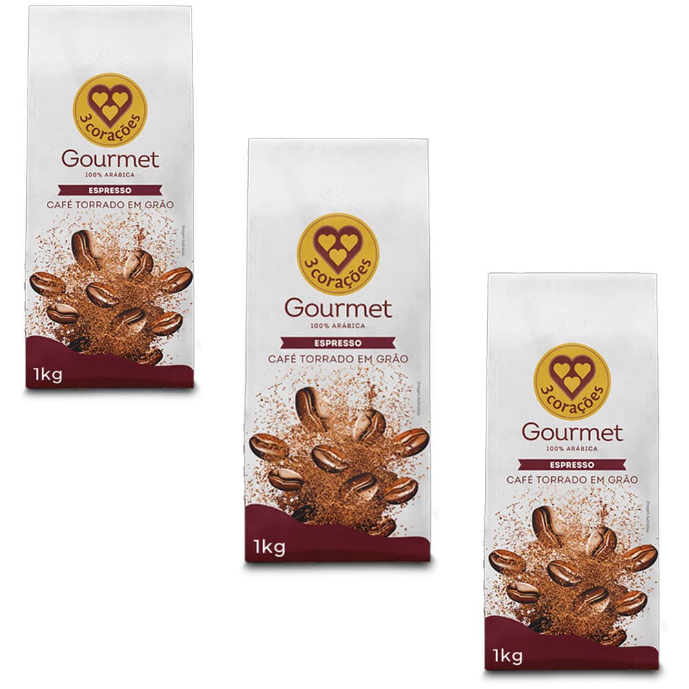 Café em Grãos 3 Corações Espresso Gourmet Kit 3 unid de 1kg