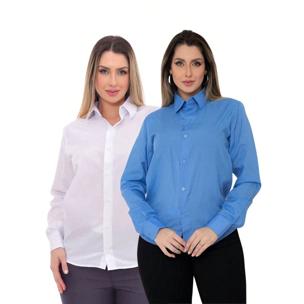 KIT Feminino 2 Peças - Camisa Social Manga Longa Slim Lisa Branco e Camisa Social Manga Longa Slim Lisa Azul Motorista