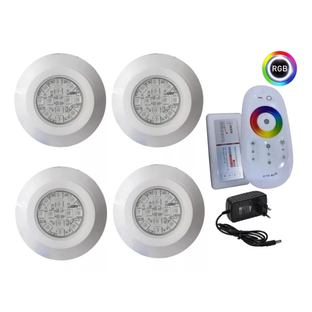 KIT ILUMINAÇÃO LED LUMINARIA DE PISCINA COLORIDO - 4 SUPER LED 9W RGB COM CENTRAL E FONTE 12V
