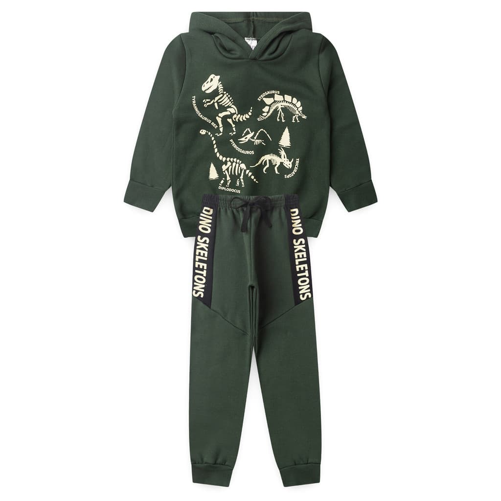 Conjunto Infantil Moletom Menino Verde com capuz  Dinossauro