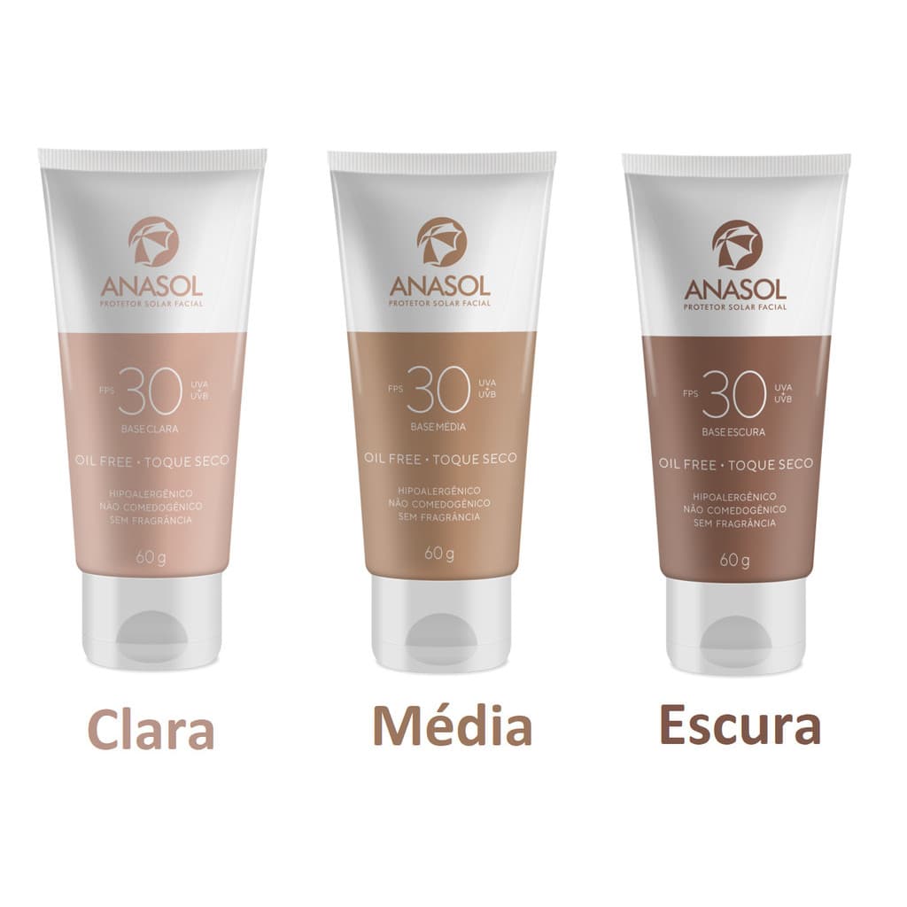 Anasol Protetor Solar Facial Base Clara,Média ou Escura FPS 30 Com cor 60g