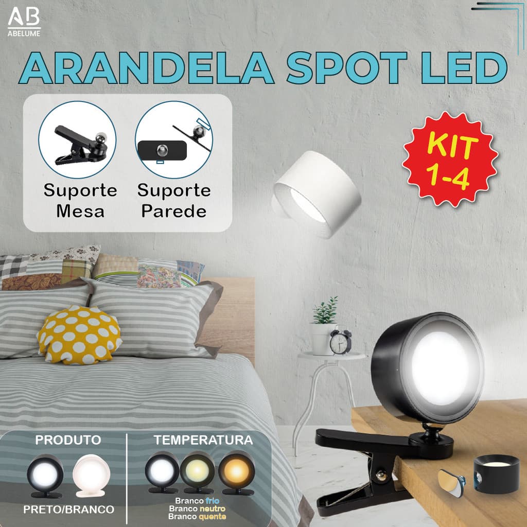Luminária Spot Led 8W Arandela Cabeceira Luz de Parede 3 Tons de Luz Recarregável USB