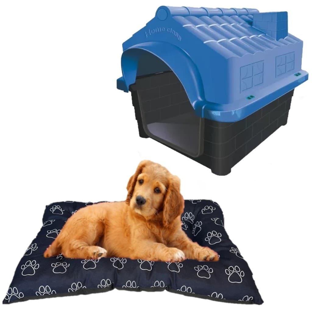 Kit Casinha Pet Resistente N4 Azul E Cama Colchonete Pet Cat