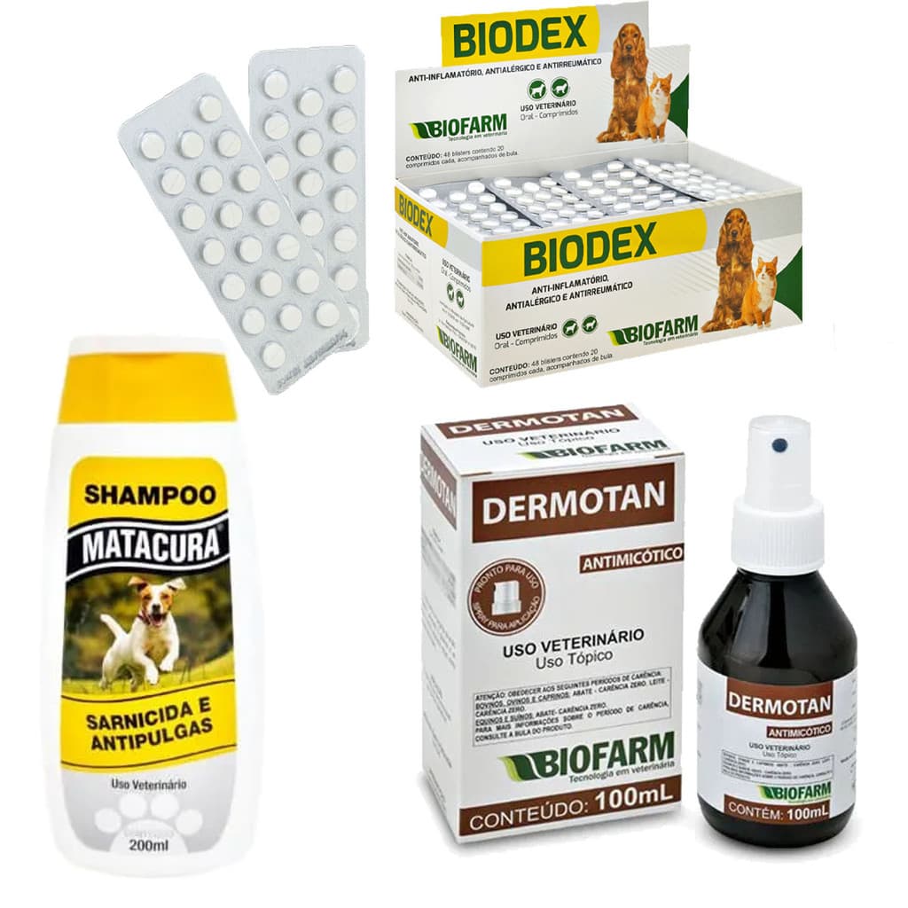 Kit para Sarnas Dermatite Pet - Spray Dermotan + Biodex Comprimido + Shampoo Matacura