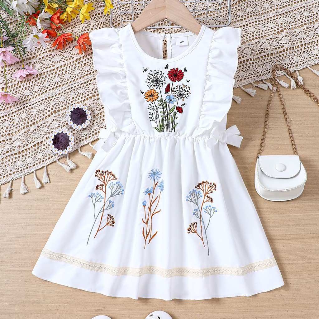 Feminino Feminino Infantil Branco Casual Manga Voadora Tridimensional Vestido de Renda Tridimensional Feminino Bebê Novo Estilo Moda Vestido Fofo
