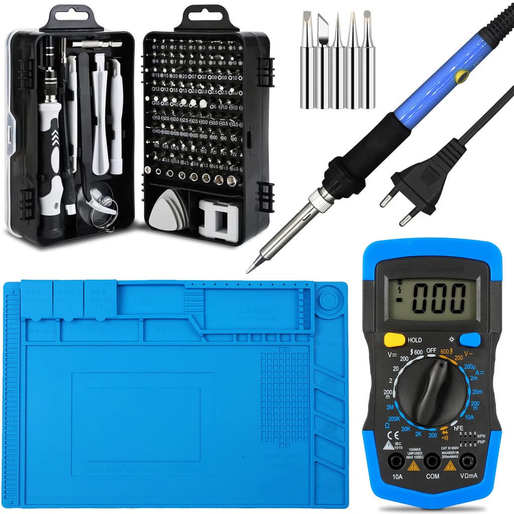 Kit Chave 115em1 + Manta Magnética 45x30cm + Multímetro Digital + Ferro de Solda 60w Ajustável