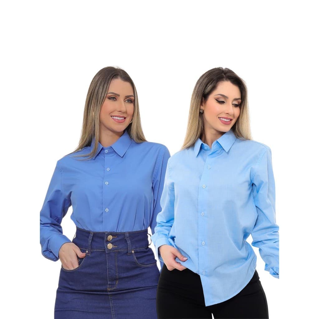KIT Feminino 2 Peças - Camisa Social Premium Tipo Linho Azul Claro e  Camisa Social Slim Azul
