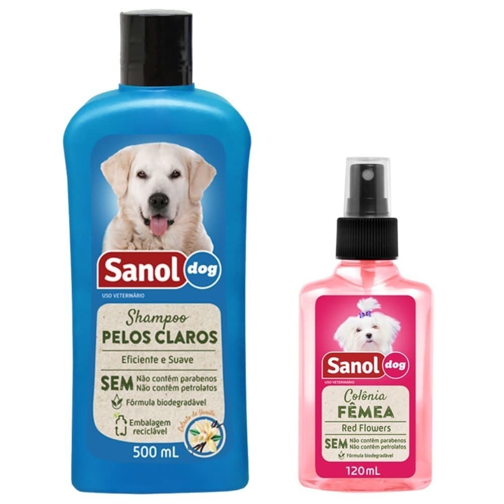 Produto Pet: Kit Shampoo Para Pelos Claros 500ml + Colônia Fêmea 120ml Cachorro Cão Dog PetShop - Sanol Dog.