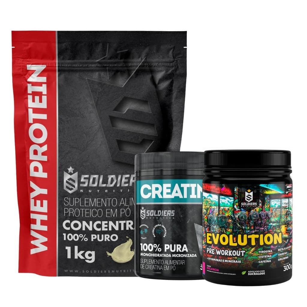 Kit: Whey Protein Concentrado 1kg + Creatina 300g + Pré Treino Evolution Pré Workout 300g Soldiers Nutrition Força