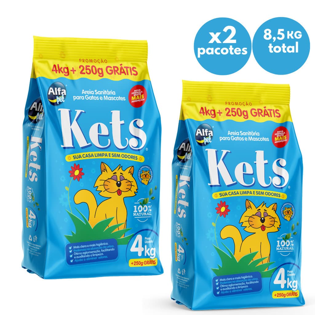 Kit 2 Areia Kets Para Gato Higiênica Sanitária Elimina Odores Forma Torrões 4,25kg