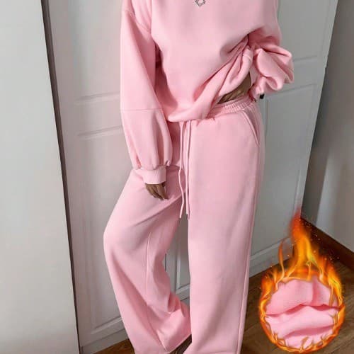 Conjunto de Moletom Feminino Rosa ,  Conjunto de 2 Peças  Felpudas e Quentes, Conjuntos Confortáveispara Outono/Inverno
