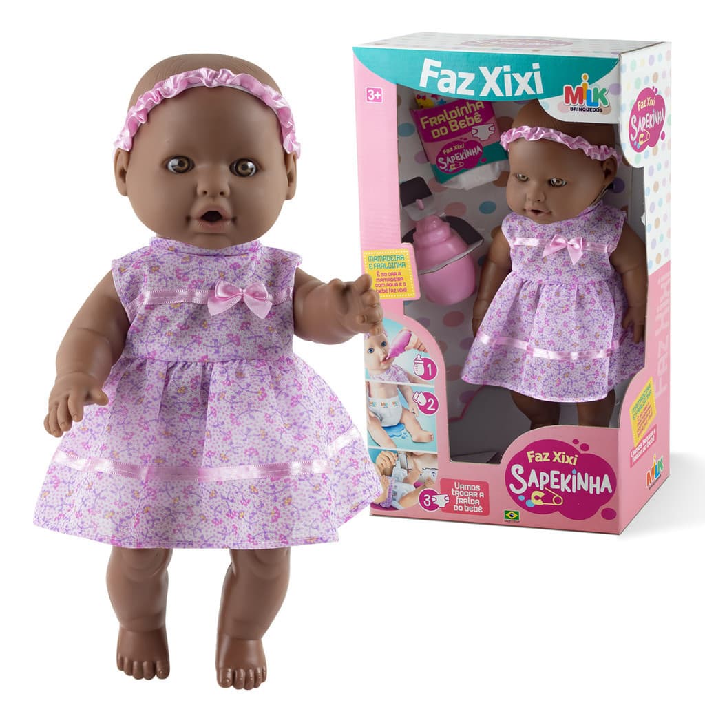 Boneca Negra Bebezão Faz Xixi De Verdade Com Fralda E Mamadeira - Milk Brinquedos