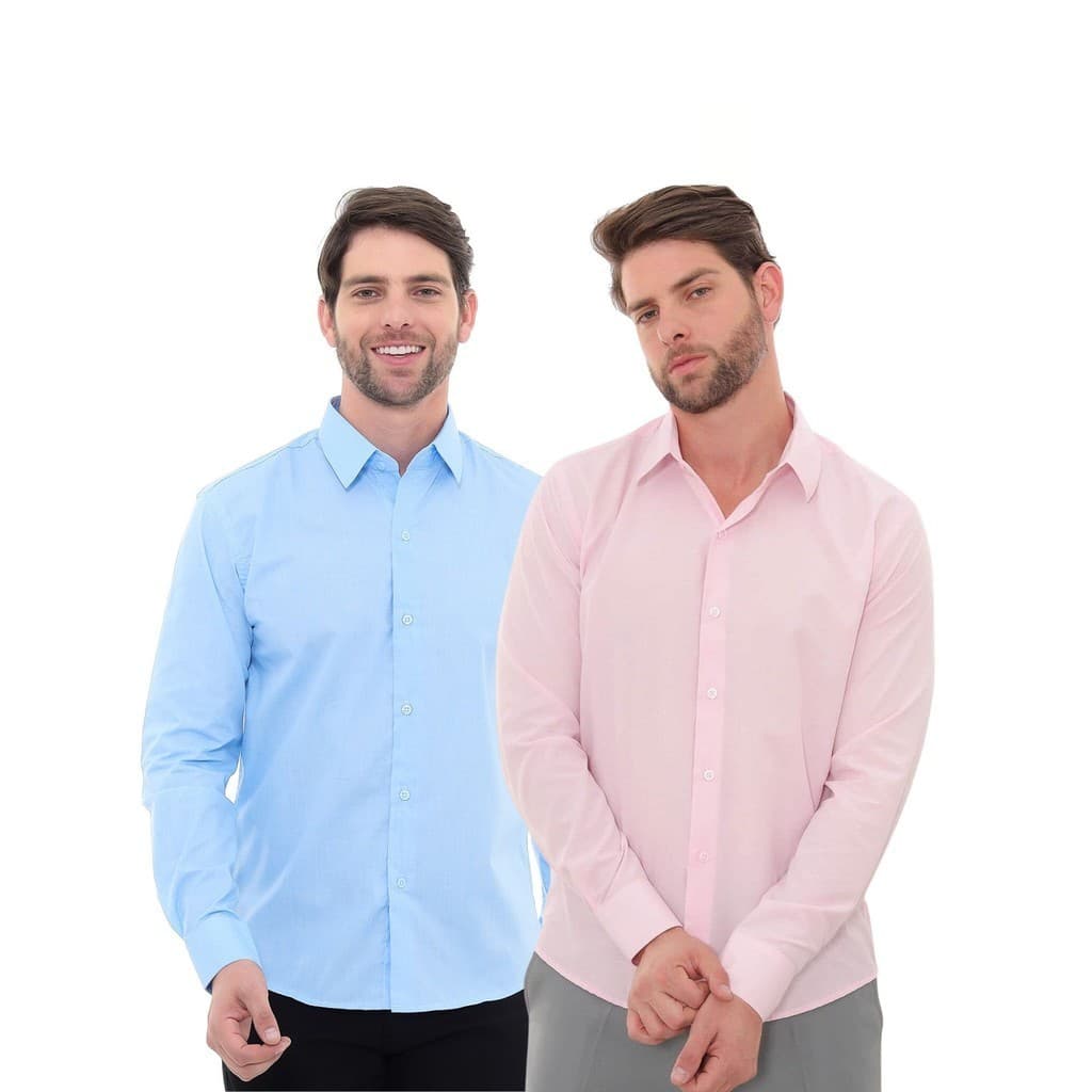 KIT Masculino 2 Peças - Camisa Social Premium Tipo Linho Azul Claro e  Camisa Social Slim Rosa