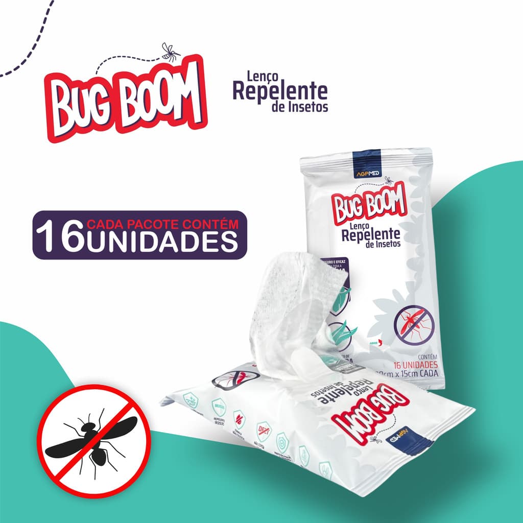 Lenço Umidecido Repelente de Insetos Mosquitos Bug Boom Com Aloe Vera