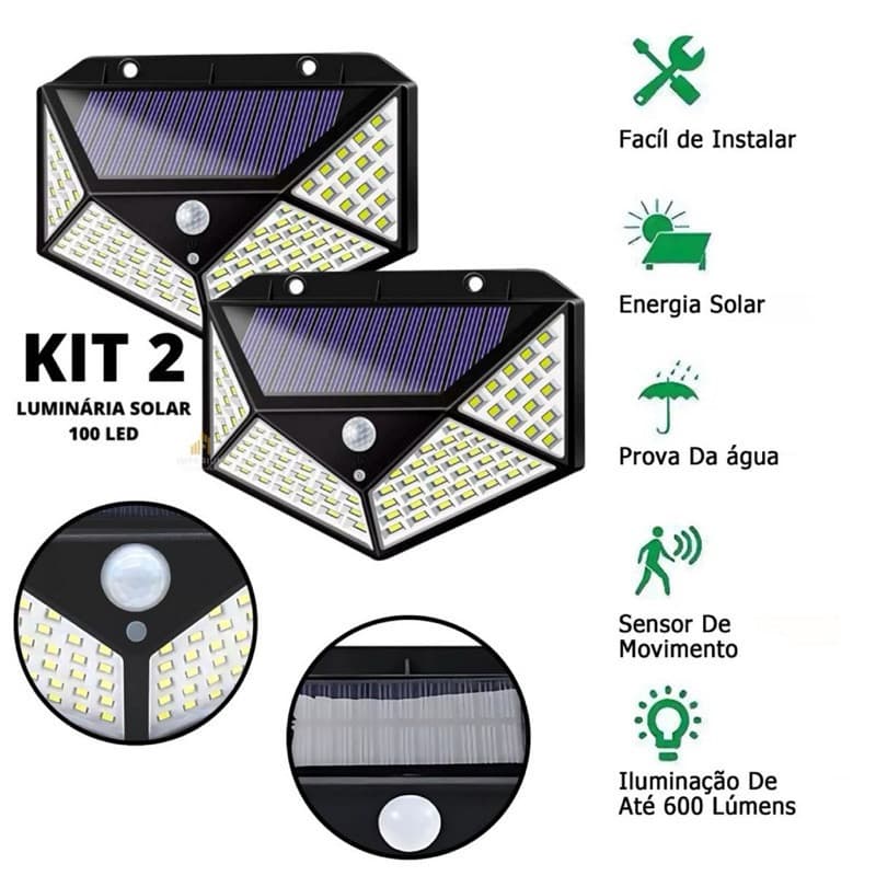 Kit 2 Unidade Luminária Solar 100 Led Com Sensor Prova D'Água Refletor Solar Parede Luz Led Solar Luminaria para Jardim Solar